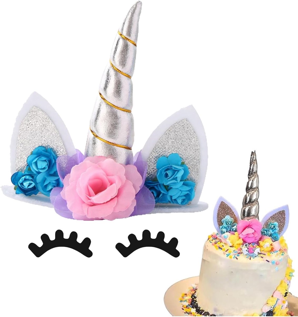 Eenhoorn-taarttopperset, herbruikbare glitterhoorns en oren + wimpers, feestdecoraties voor meisjes, verjaardag, bruiloft en regenboogthema (4 inch Mini Pegasus-ontwerp)