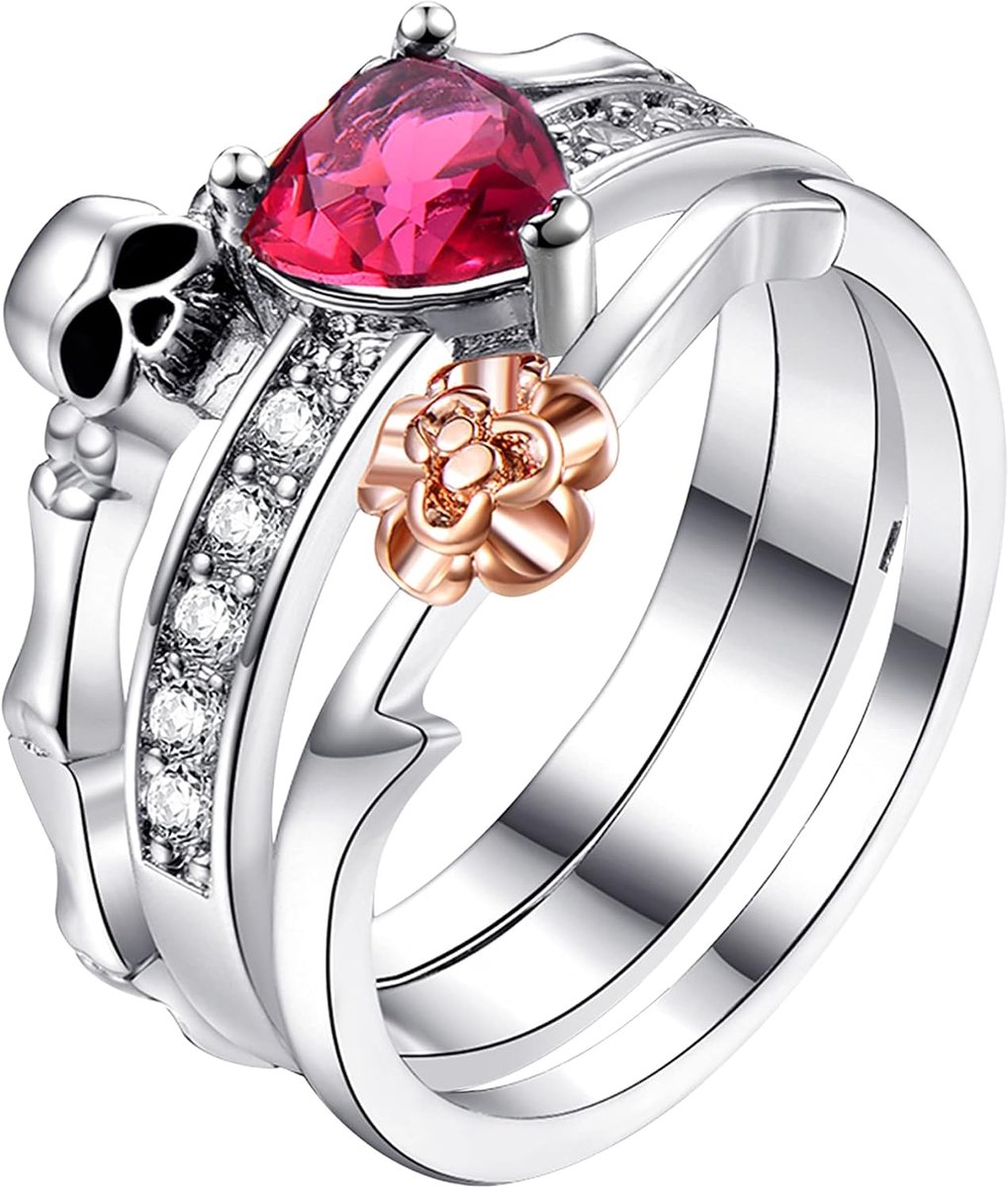 Ringen Vrouwen Zilver met Doodskop Hart Zircon, Creatieve Personalisatie Vingerringen, Maat 52-62, 52 (16.6), Koper, Zirkonium