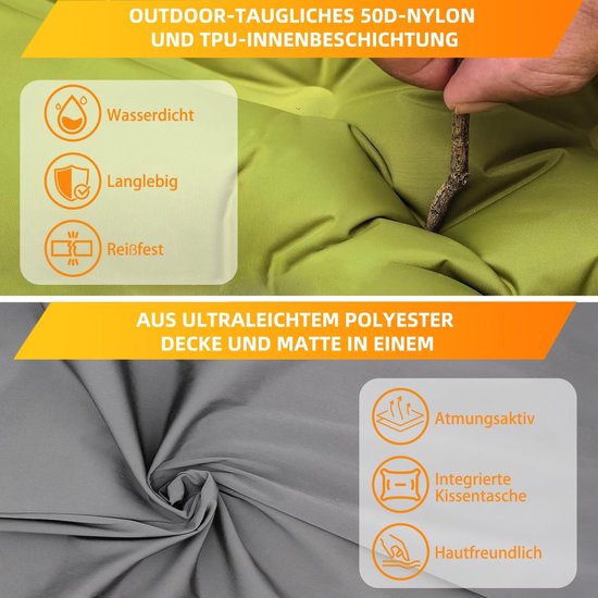 Zelfopblazend, 13 cm dik, opblaasbaar matras met huttenslaapzak, voetpomp en kussen, isomat, campingmatras, luchtmatras voor outdoor, kamperen, wandelen, fietsen (groen) — afbeelding 4
