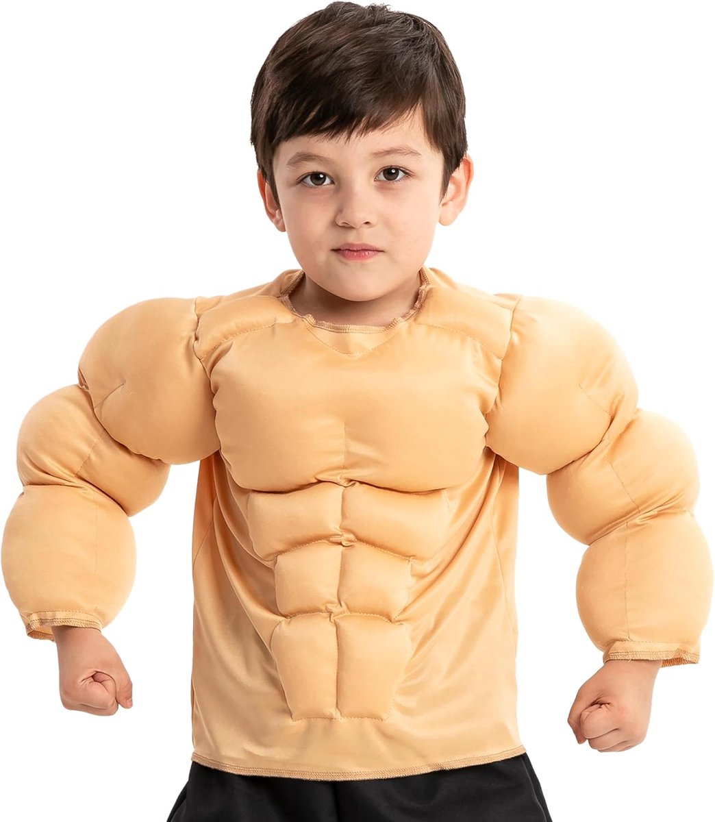 Creations Kinderbodybuilderkostuum voor jongens, spierpak voor Halloween, verkleedpartijen, school, evenement, XS (3-4 jaar)