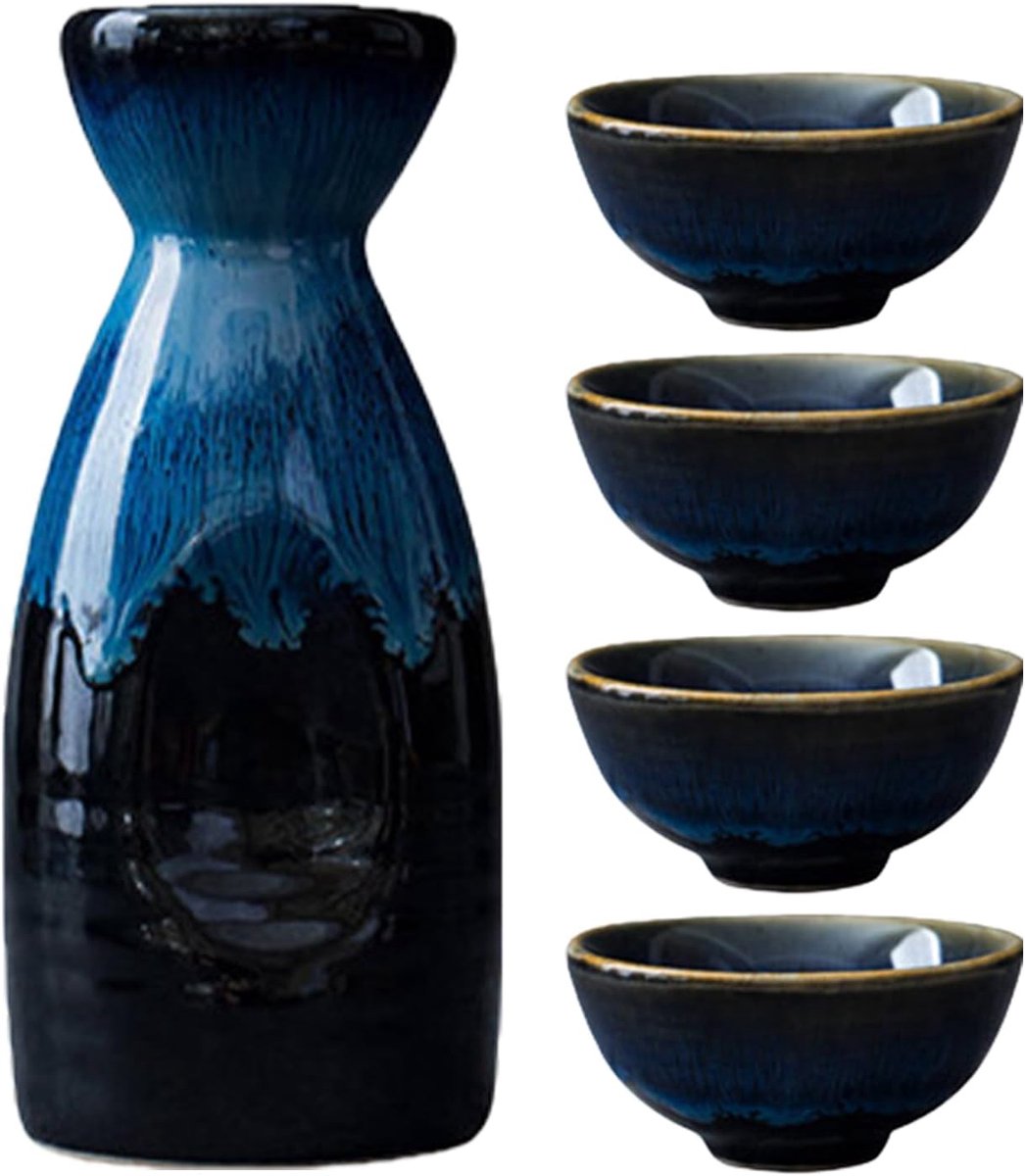 Sake-set, 5 stuks 300ML Traditioneel Japans Sake-bekerset, Japanse Sake-fles, Japanse Sake-bekers uit keramiek voor thuis, woonkamer, theesalon (kantoor)