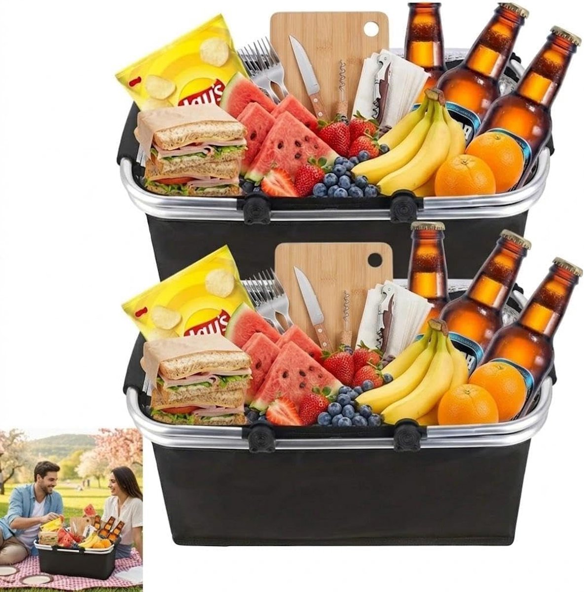 Boodschappenmand, opvouwbare boodschappenmand, thermo als picknickmand, koelbox, draagbaar, met gevoerde handgrepen, draagmand, voor reizen, picknick, winkelen, 30 liter, 2 stuks (zwart)