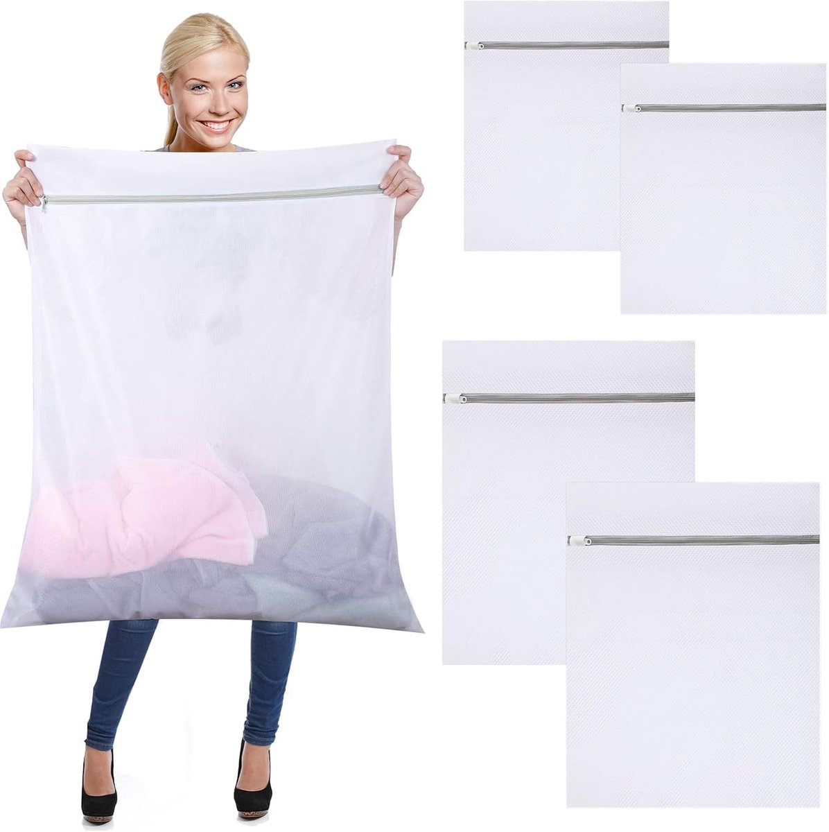 Waszakken wasmachine, polyester materiaal, met ritssluiting, 60 × 80 cm + 90 × 110 cm, twee maten, waszakken, herbruikbaar en duurzaam, geschikt voor kleding, beddengoed, broeken