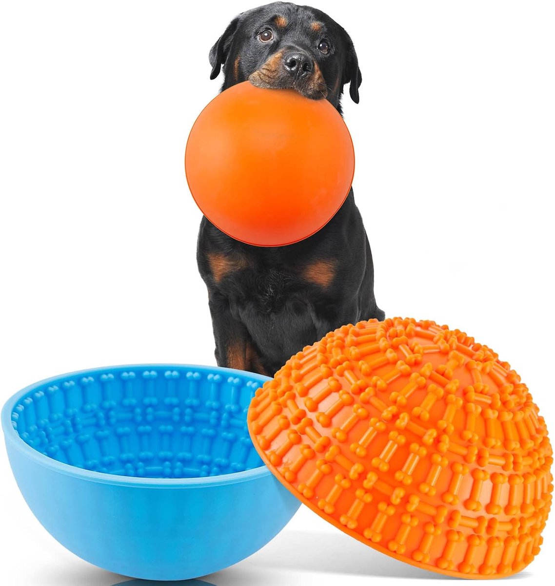 2 stuks siliconen hondenlikkom huisdier interactieve hond langzame feeder kommen voor mondgezondheid voorkomen verstikking angstverlichting wiebelen of blijf put (blauw en oranje bot)