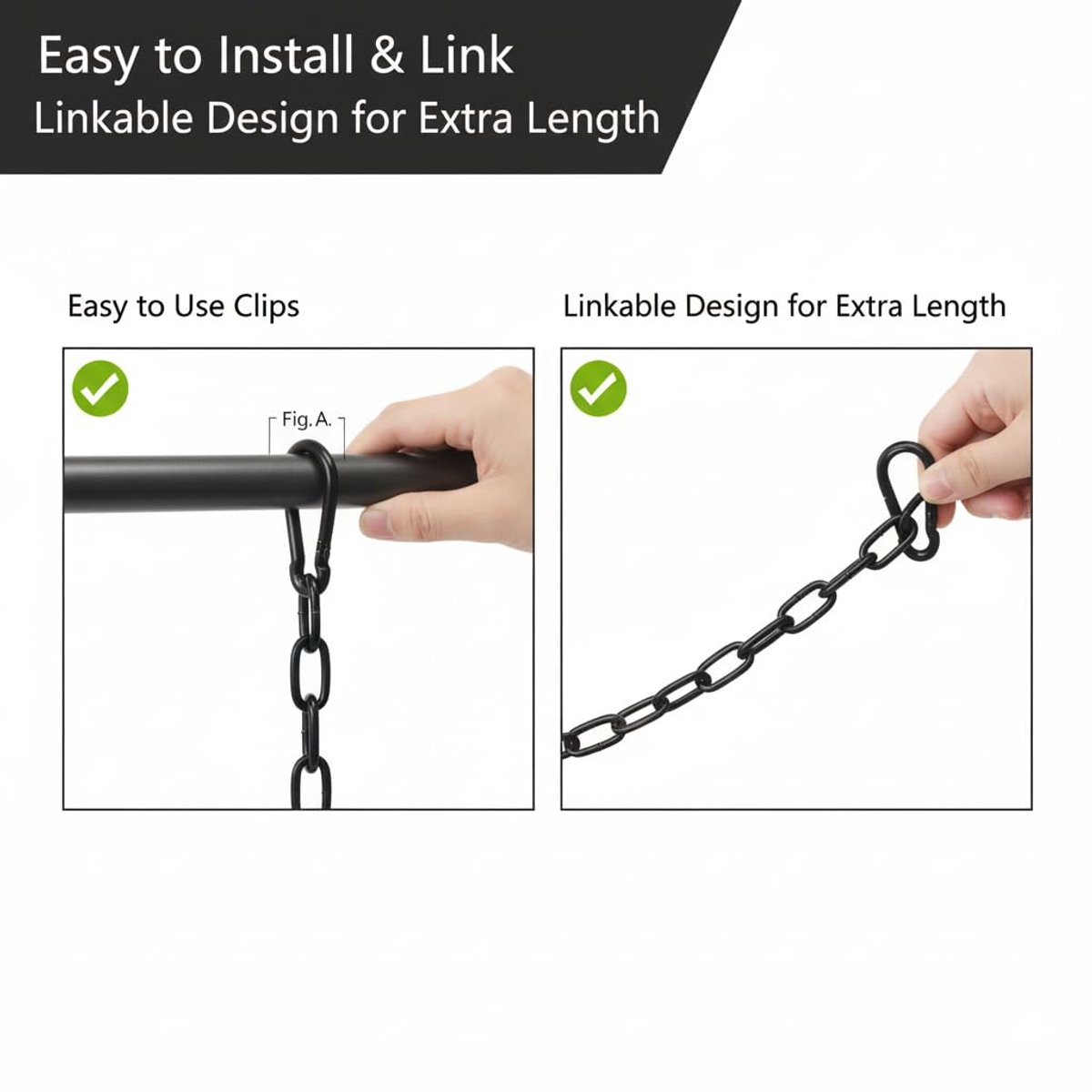 Hangketting 20 cm - Zwart ijzer - Dubbele karabijnhaken - Ideaal voor tuinschommel - SnelShoppen
