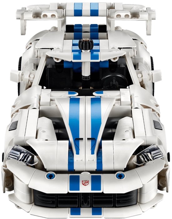 LEGO Technic Dodge Viper GTS-R sportauto, wit met blauwe strepen, vooraanzicht.