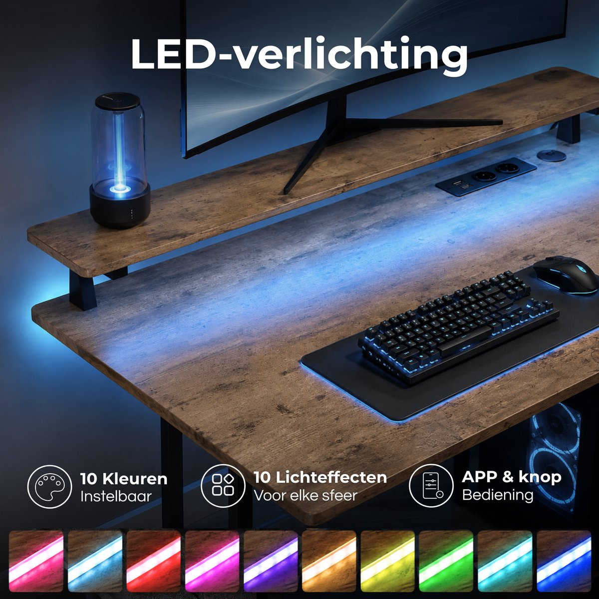 Five Stars® Game Bureau - 100x50x75 cm - Game Bureau met LED Verlichting - Rustieke Houtlook - Gaming Desk - Computertafel - RGB LED Verlichting thumbnail 3