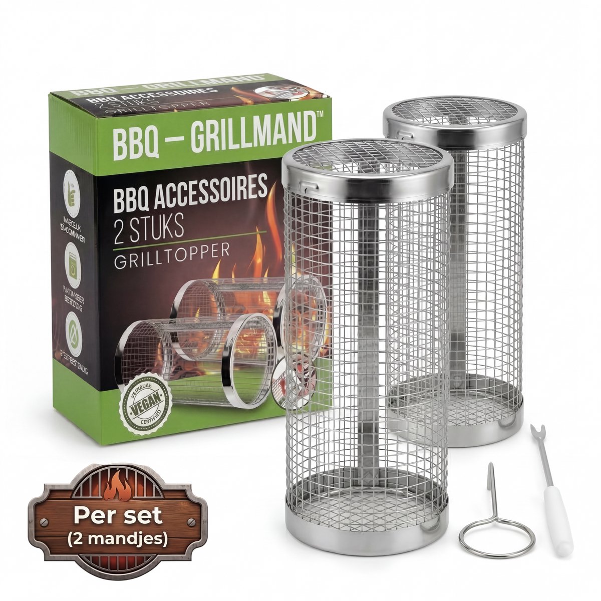 Oneproduct BBQ Grillmand Set van 2 - Grilltopper - RVS Grillmand - BBQ Groentemand - Grillrooster BBQ Accessoire