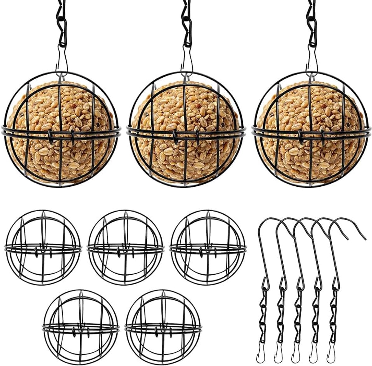 Meizenbollhouder, vogelvoederstation, 8 stuks beitelbollenhouder, vogelvoederstation om op te hangen, voor wilde vogels van metaal, voederdispenser voor mezenbollen (zwart)