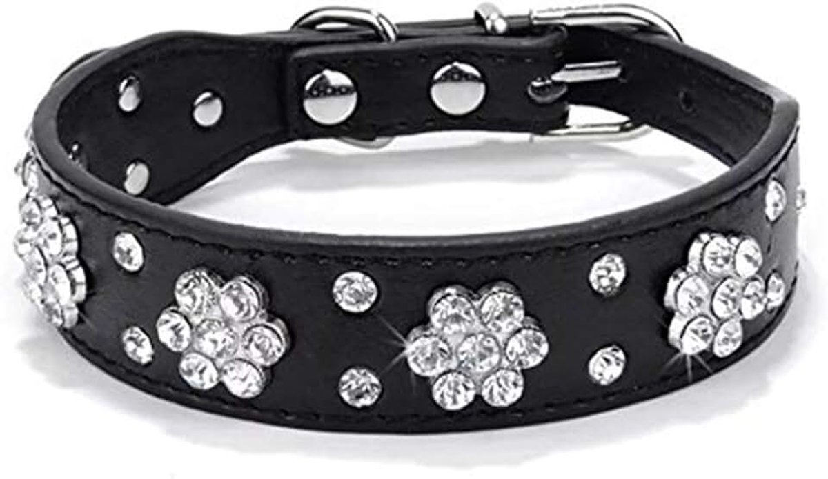 Hondenhalsband, schattige bloemen strass kattenhalsband bling-kraag, PU-lederen halsband, verstelbare maten, Small, Medium, Large (S, zwart)