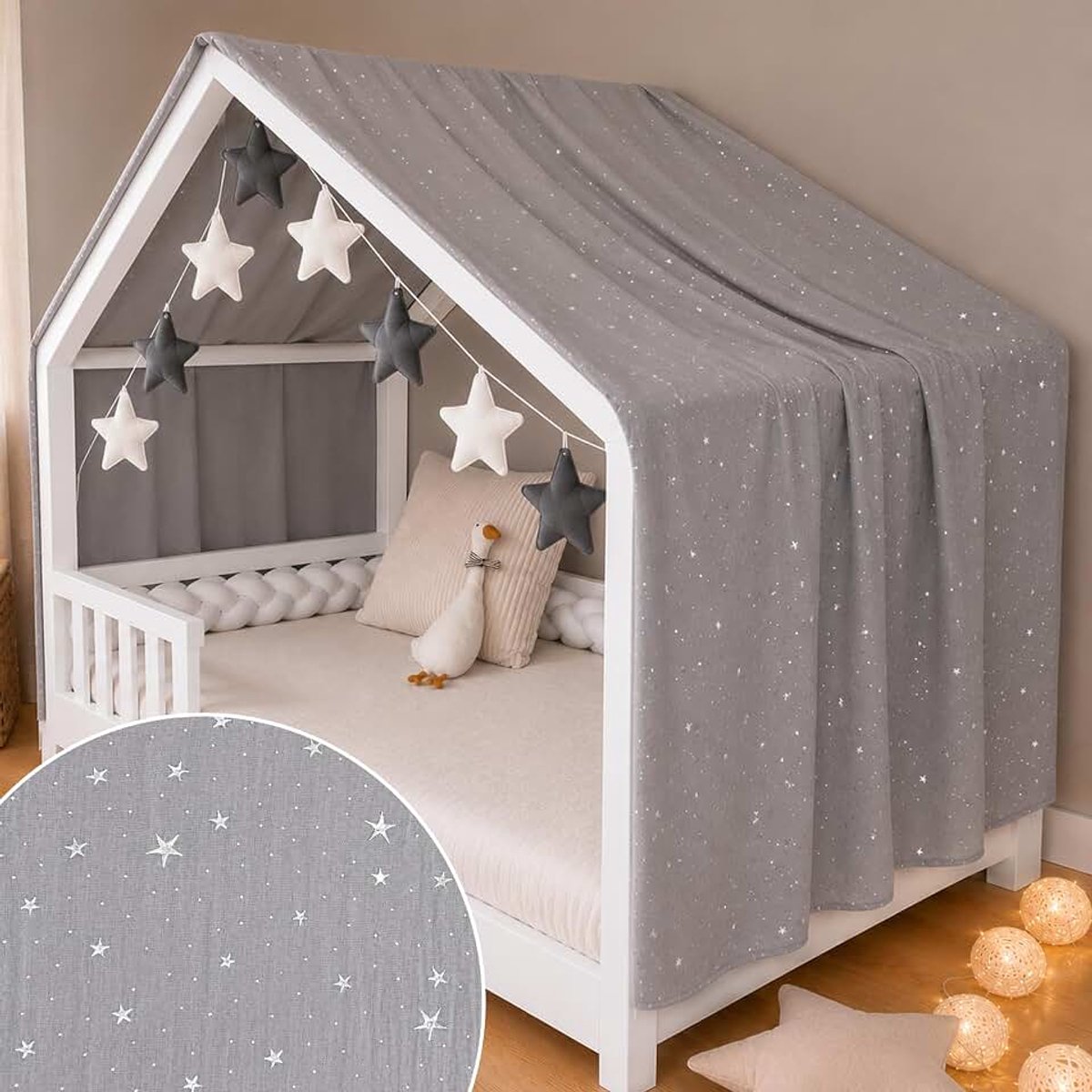 Huisbed Hemel - 100% Katoen - Bedhemel Huisbed van Musselin voor Bed 70x140 cm & 80x160 cm - Met wimpelketting Kinderkamer Ster (Grijze wimpelketting Ster, 130 x 320 cm)