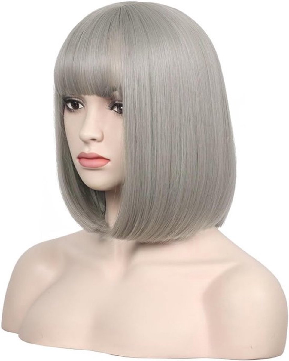 Korte damesperruque met zijdezachte pony van hittebestendig synthetisch haar voor kostuum, cosplay, feest en dagelijks gebruik, 30,5 cm lang
