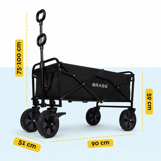 Zwarte opvouwbare bolderkar met afmetingen 90x51x100 cm, hoogte handvat 75-100 cm, hoogte 59 cm.