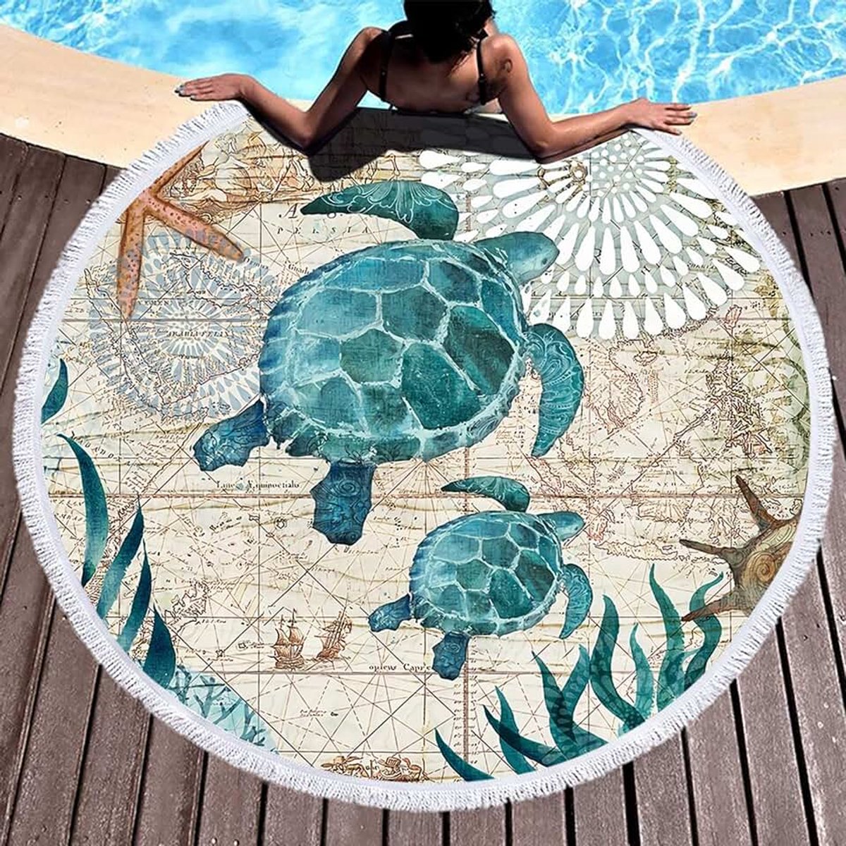 Strandlaken, Microvezel Strandlaken XXL, Zeeschildpad Badlaken groot 150cm voor Stranddeken Yogamat Handdoeken met Kwasten (Blauw-Schildpad 1)