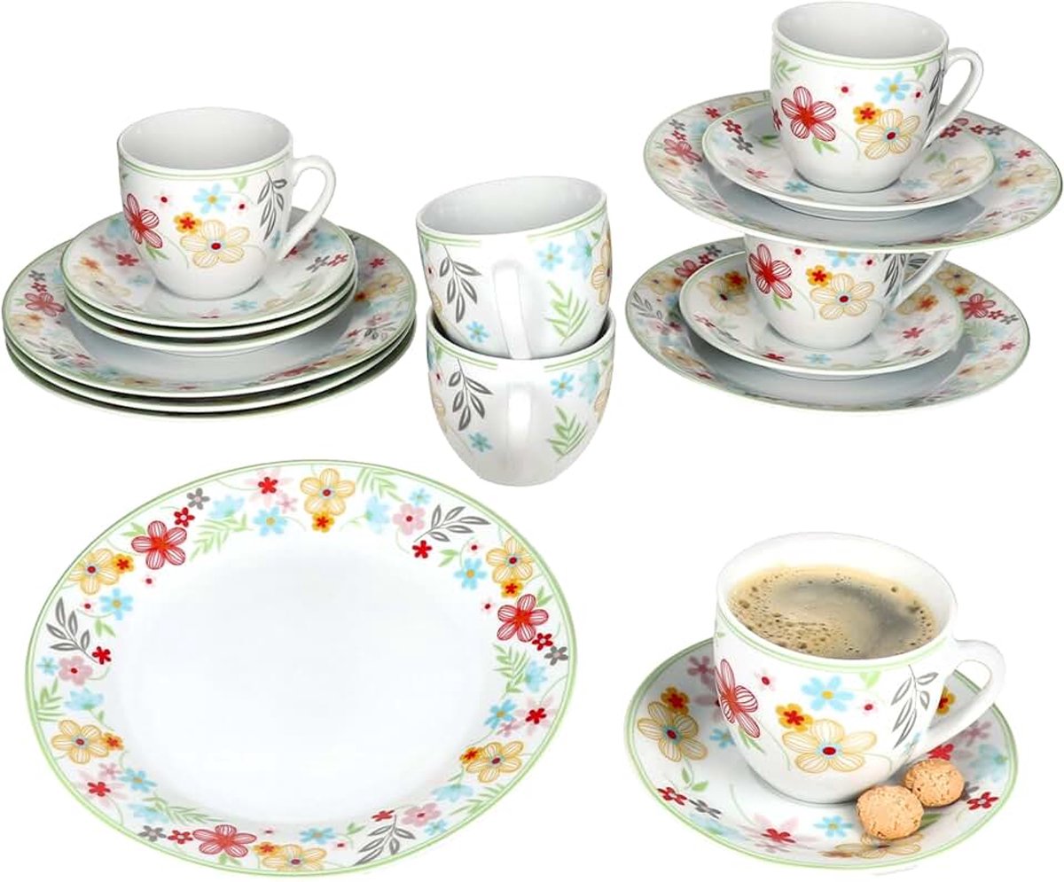 Variant Blümchen Koffieservies, 18-delig, gekleurde porseleinen koffieset voor 6 personen, 6 x koffiekopjes van 200 ml, schoteltjes en taartborden, kleurrijk servies voor ontbijt en koffie