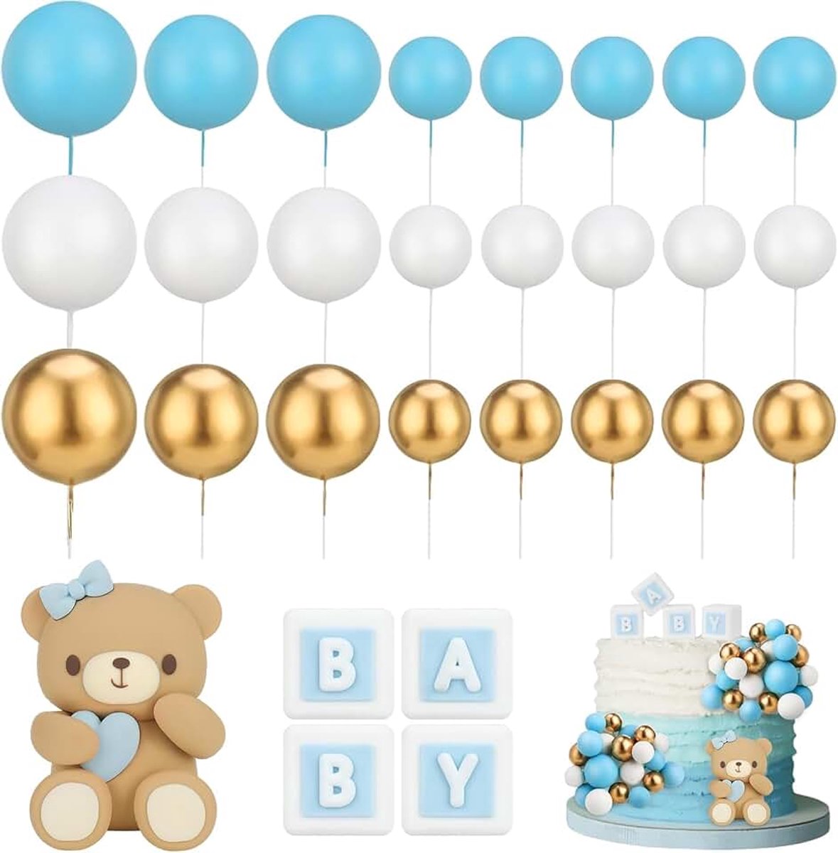 Ballen, 29 stuks, babyshower, taarttopper, beer, taartdecoratie, Happy Birthday, doe-het-zelf verjaardagstaart, decoratie (blauw)