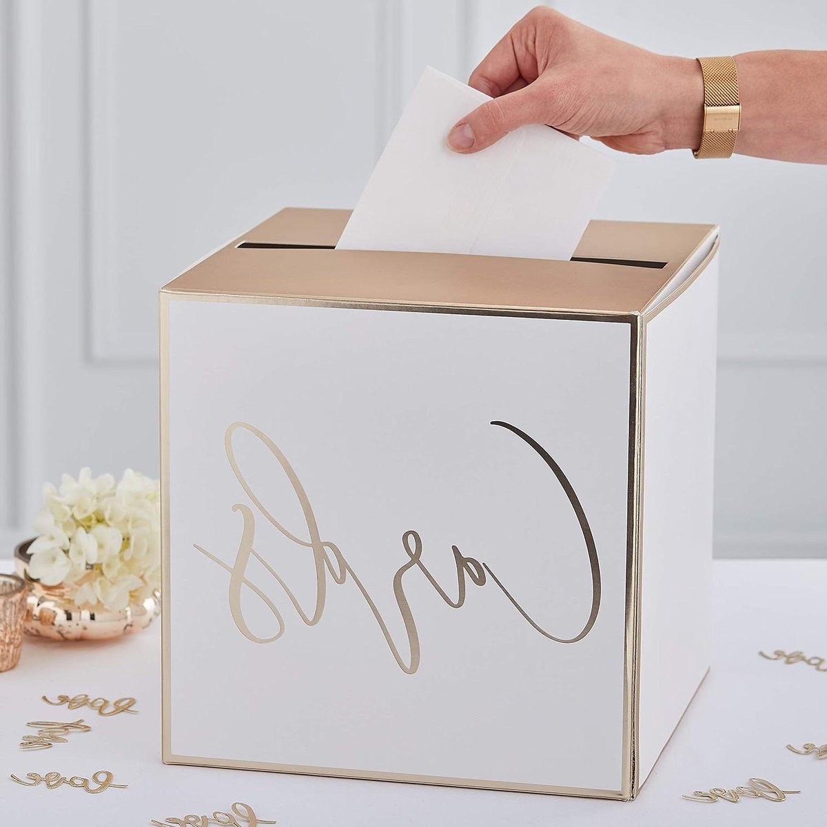 Feestelijke Kaartbox - Brievenbus Decoratie - Bruiloft Organiseren - Gouden Folie Tekst - 25 x 25 cm - Goud