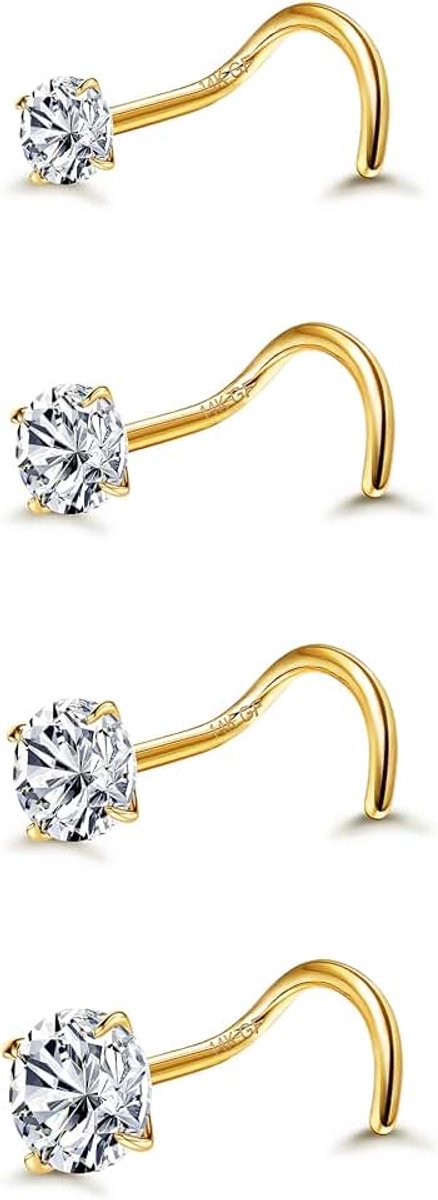 4 Stks 20G Neus Studs 14K Goud Gevulde Neus Ringen 1.5/2/2.5/3mm Ronde Cubic Zirconia Bone Rechte Schroef L Vormige Neus Stud Gouden Neus Piercings Sieraden