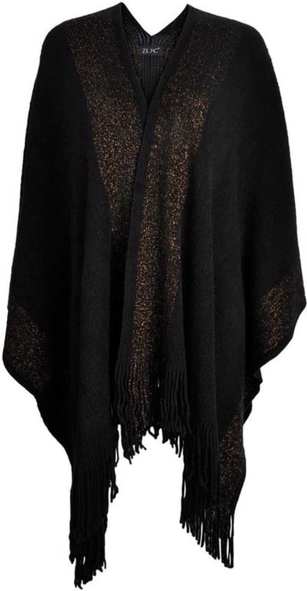 Vrouwen winter open cape poncho met franjes - zwart