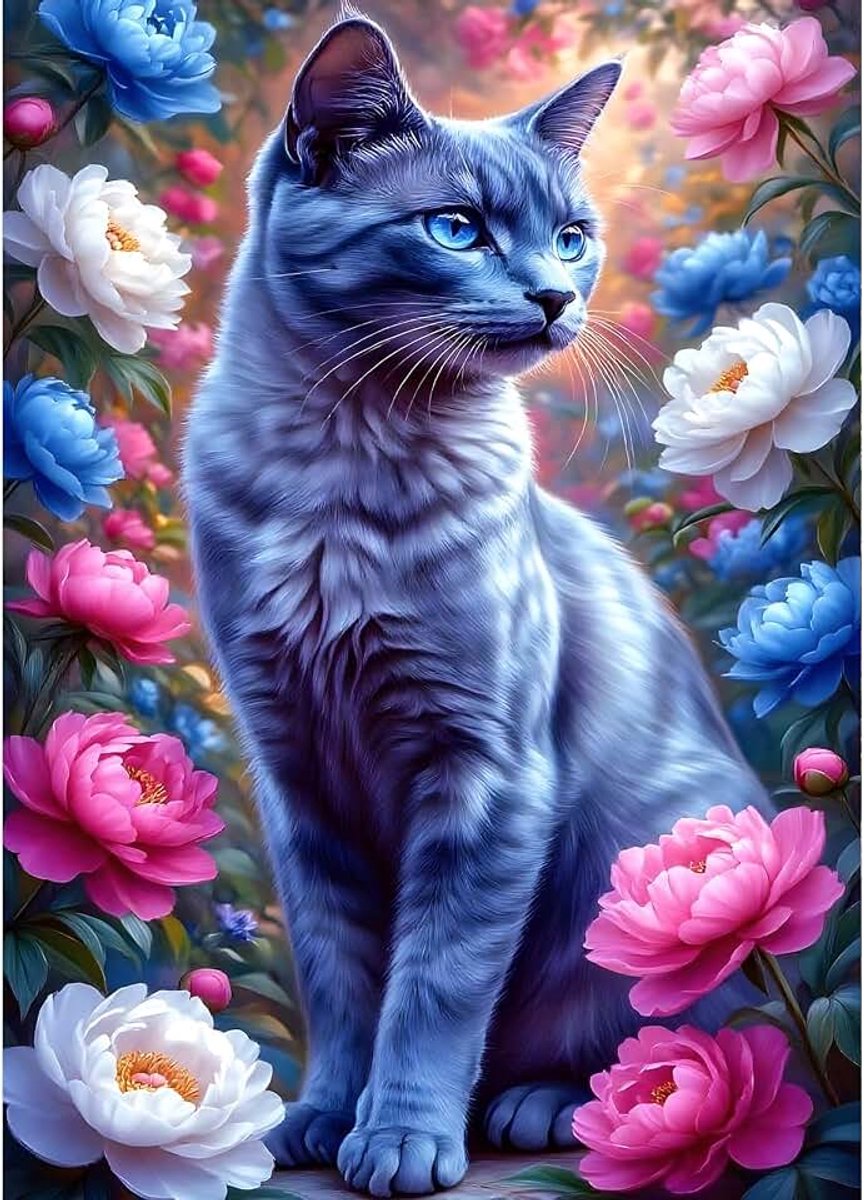 Blauwe kat diamond painting kits volwassenen, 5D bloeiende bloemen diamant kunst foto's beginners, DIY ronde volledige boor wilde bloemen diamanten kunst schilderij borduurwerk huis muur decor
