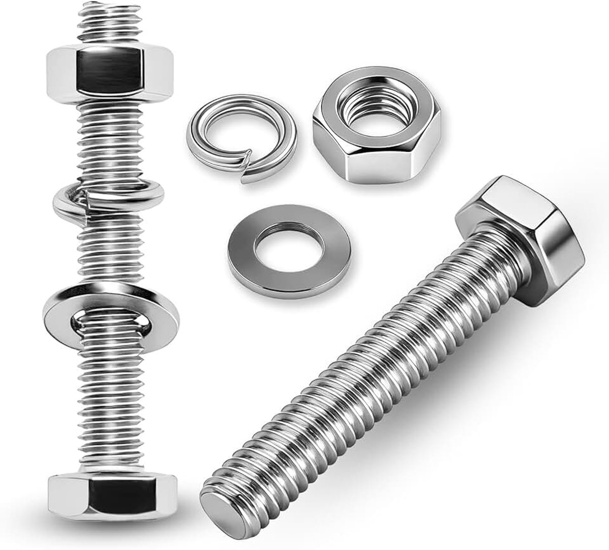 Schroeven, moeren, set van 8 stuks, machineschroeven, M8 x 50 mm, schroeven met moeren, sluitringen, veerringen, roestvrij staal, A2, V2A, zeskantschroeven, set voor machinebouw, metalen