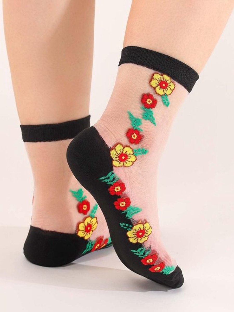 Vintage Kantensokken voor Dames - Zwarte Bloemmotief Kousen van dunne zijde-mesh, 5 Paar, Gemengde Kleuren, Één Maat
