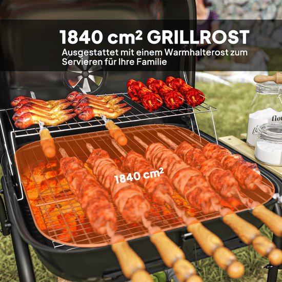 Houtskoolbarbecue van staal, barbecuewagen met afsluitbaar deksel, grillrooster, wielen, handgreep, houten legplank, 98 x 54 x 91 cm, zwart — afbeelding 5
