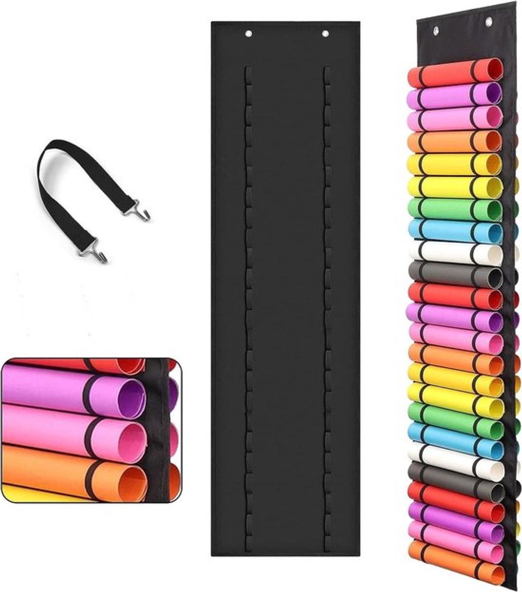Vinyl rolhouder met 48 compartimenten - verstelbare maat - vinyl rollen organizer - wandmontage/opknoping - vinyl vellen - inpakpapier - warmteoverdracht papier - design tekeningen.