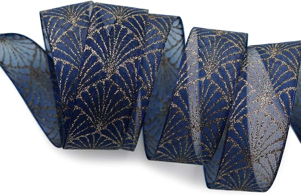 20 m x 25 mm decoratief lint Art Nouveau blauw goud cadeaulint decoratief glanzend lint kerstfeest met vormvaste randen versieren knutselen geschenkverpakking