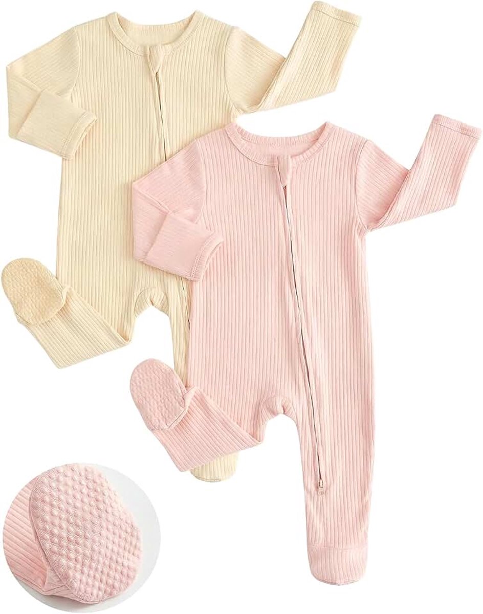 Babypyjama voor meisjes en jongens, 2 stuks, lange mouwen, 100% katoen, overall met babyvoetjes, pasgeborenen, kleding 0-12 maanden