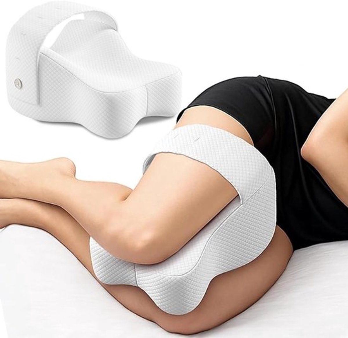 Ergonomisch zijslaapkussen van traagschuim voor optimale ondersteuning van knieën en rug, ideaal voor zwangerschap en rugklachten, met afneembare hoes, wit
