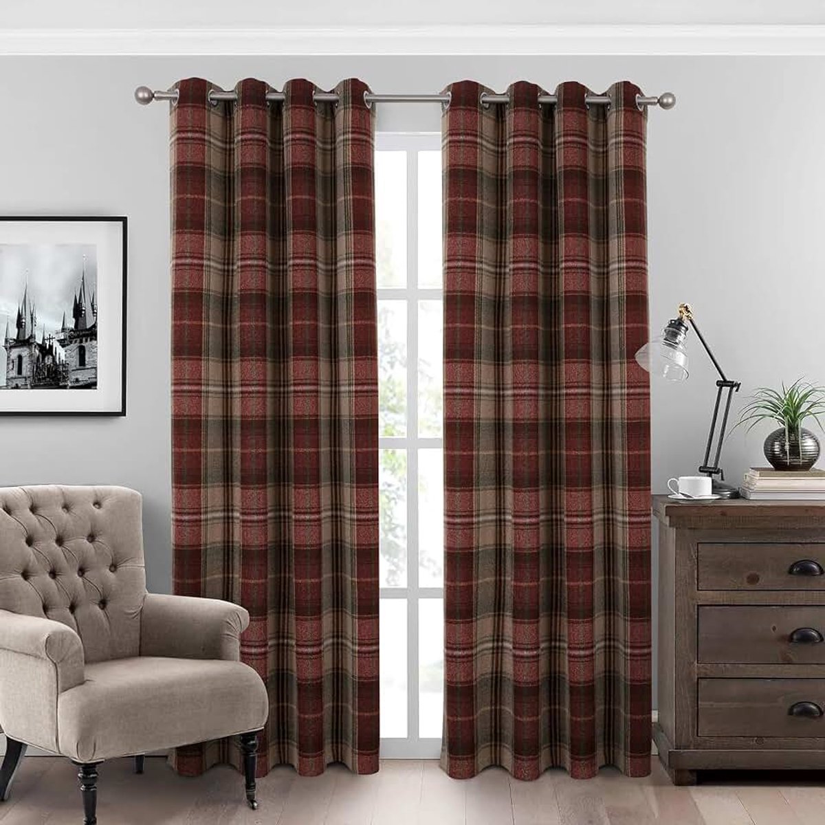 Always4u 100% ondoorzichtig gordijn, geruite gordijnen met ringen, set van 2 stuks, 140 x 245 cm (b x h), warmte-isolerende verduisteringsgordijnen voor slaapkamer, woonkamer en kinderkamer