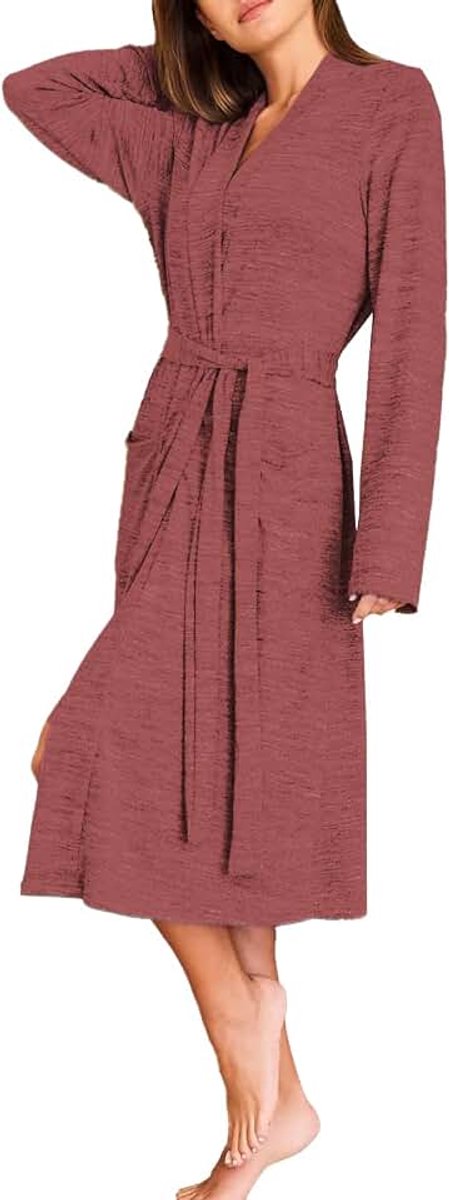 Kimono-badjas voor dames, katoen, zacht en comfortabel, V-hals, elegante nachtkleding met riem en zakken, om thuis te ontspannen