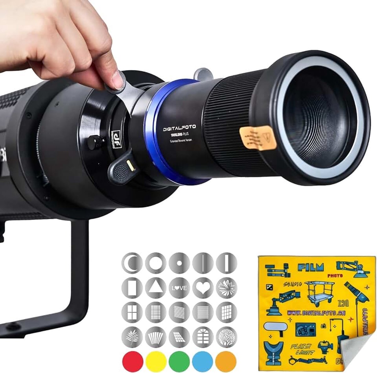 Mount Optische Snoot Spotlight Kit 100SLENS-PLUS voor Aputure Amaran 60D/100D/150C/300C, 600X Pro, Ray 660C, Godox SL60 – 33° Breed / 16° Tele Lens, 300W LED, 20 Gobos & 5 Kleurfilters