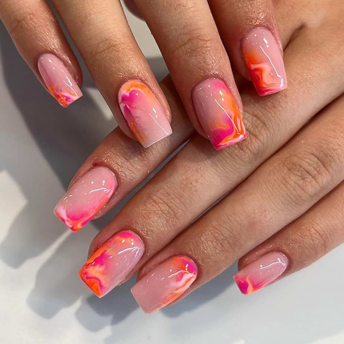 24 stuks nagels om op te plakken, kort, vierkant, roze geel, French tip, kunstnagels, glanzende kunstnagels met design, glanzende kunstnagels, press on nails, acryl vingernagels, nepnagels voor
