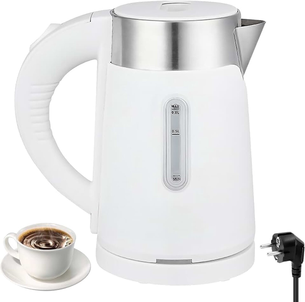 800 ml reiswaterkoker, roestvrij staal, 600 W waterkoker, klein, elektrische waterkoker, 5 minuten snel koken, mini campingwaterkoker voor thee, koffie, babymelk, wit