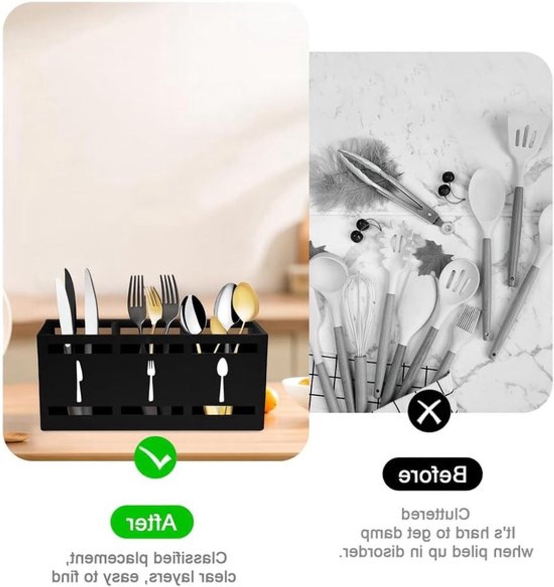 Houten Keukenhulpmiddelhouder met 3 Compartimenten, Industrieel Design, Organiser voor Bestek en Keukenaccessoires met Handvat en Antislip Pads