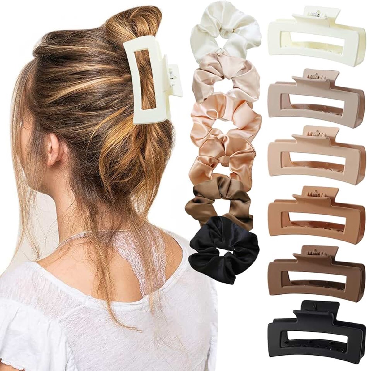 Klemmen set van 12 incl. haarelastiekjes, grote haarklemmen, haarelastiekjes, haarspelden dames dik haar, grote haarclips haarstyling-accessoires, antislip clips voor vrouwen meisjes
