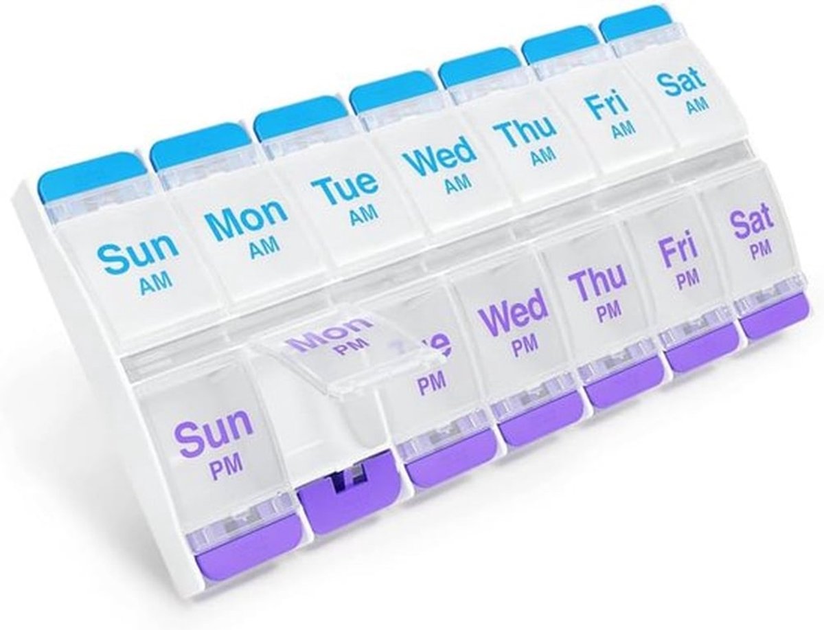 Pillendoosje met knop (7 dagen), medicatieplanner, dagelijkse vitamine-organizer, tweemaal daags (ochtend/middag), extra grote vakken, artritisvriendelijk, gebruiksvriendelijk, transparant deksel, paars en blauw, BPA-vrij.