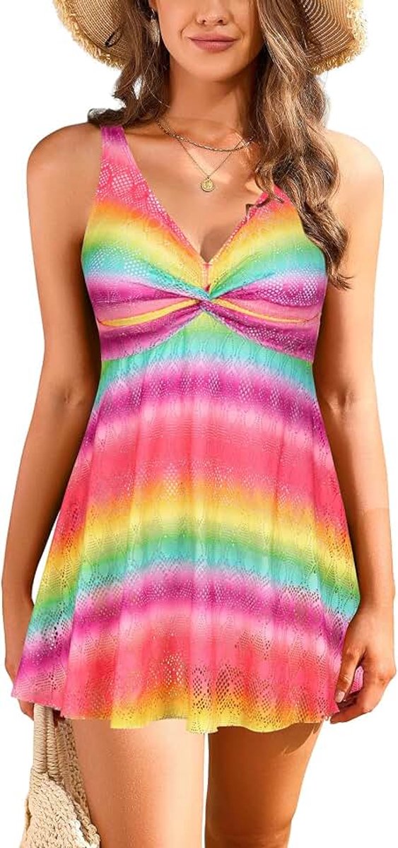 Eendelig badpak voor dames, buikweg, elegante badpakjurk, vloeiende zwemjurk met kant, V-hals, badmode, badpak met rok