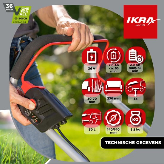 IKRA Bosch 36 V accu-grasmaaier IB-LM 33 voor gazons tot circa 250 m² – inclusief 36V accu (2,0 Ah) en oplader — afbeelding 4