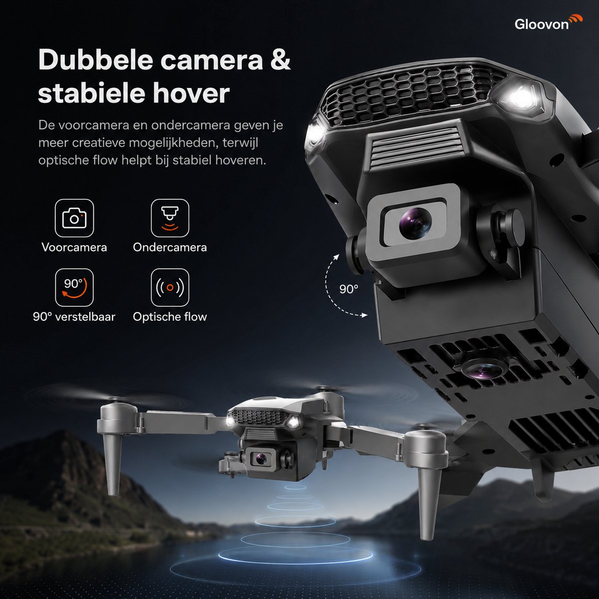 Gloovon® Drone met Camera - Controller met Scherm - 4K HD Dual Camera - 4 Accu's - 72 min Vliegtijd - Inklapbaar - Grijs thumbnail 6