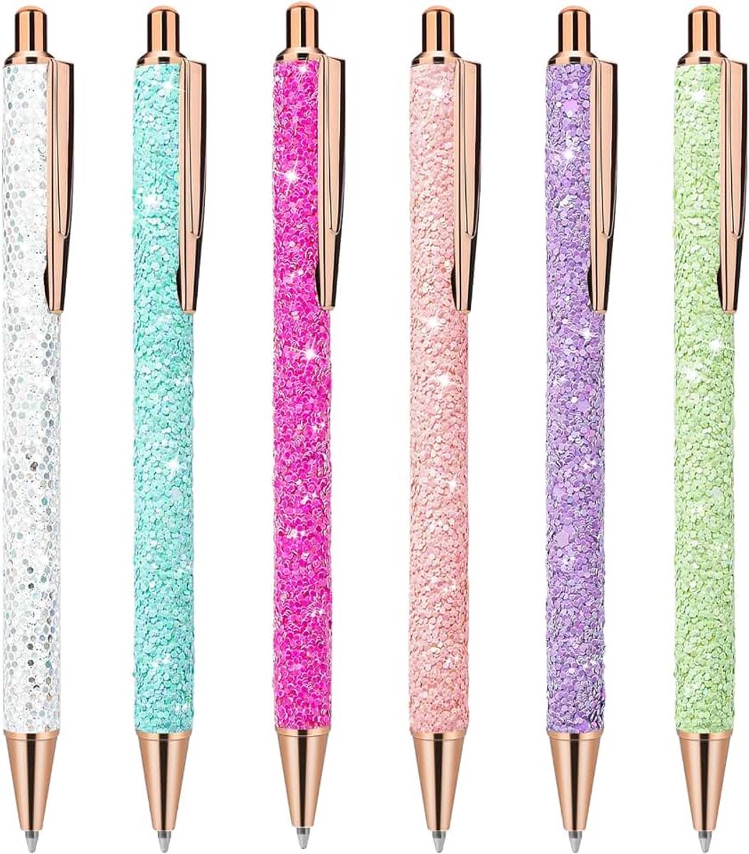 Bling Sparkly Metalen stiften, intrekbare balpen, schattige glitter, 1,0 mm, zwarte inkt, fijne punt, geschenkstiften, schrijf- en journalstiften voor kinderen, pailletten, 6 stuks