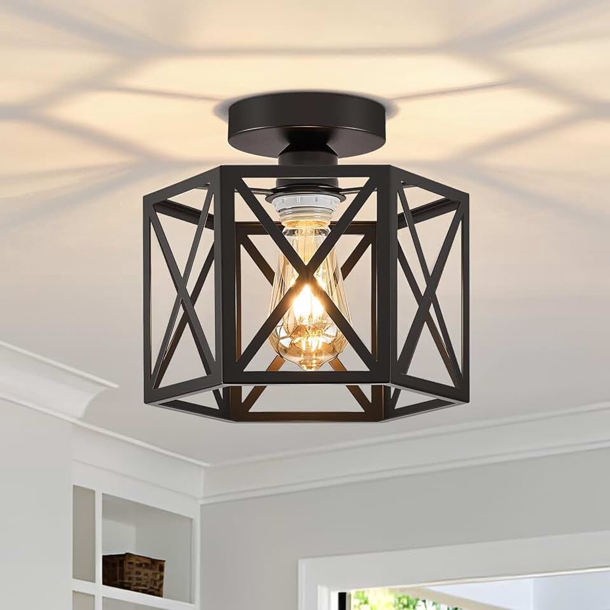 Plafondlamp Zwart 3 lichten E27, Industrieel Stijl Half Ingebouwd Metaal, Modern Kooi Lichtarmatuur voor Keuken, Gang, Slaapkamer, Woonkamer en Entree