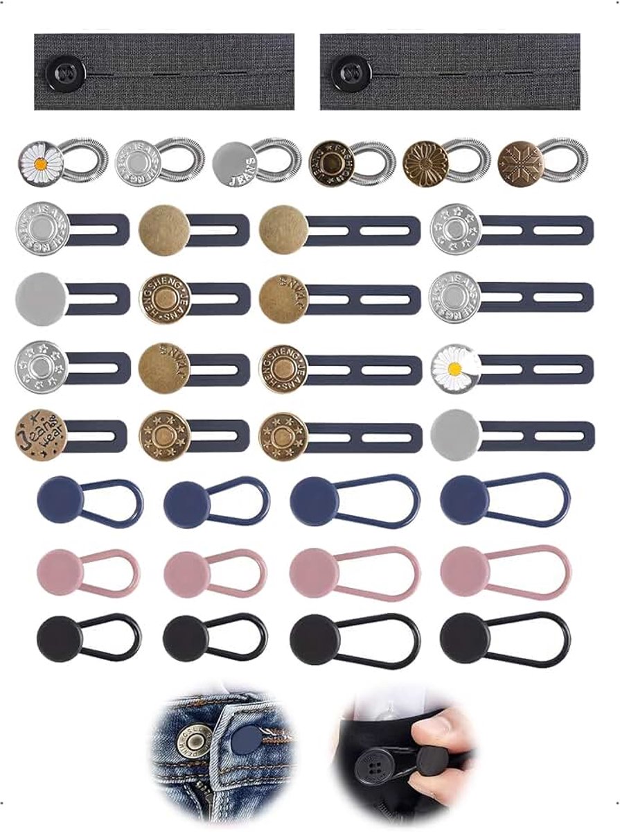 Set van 36 broekverbreiders, verstelbare broekknoopverlengers, verstelbare knoopverlengingsset, naadloze riemverbreiders voor jeans voor mannen, vrouwen en zwangere vrouwen