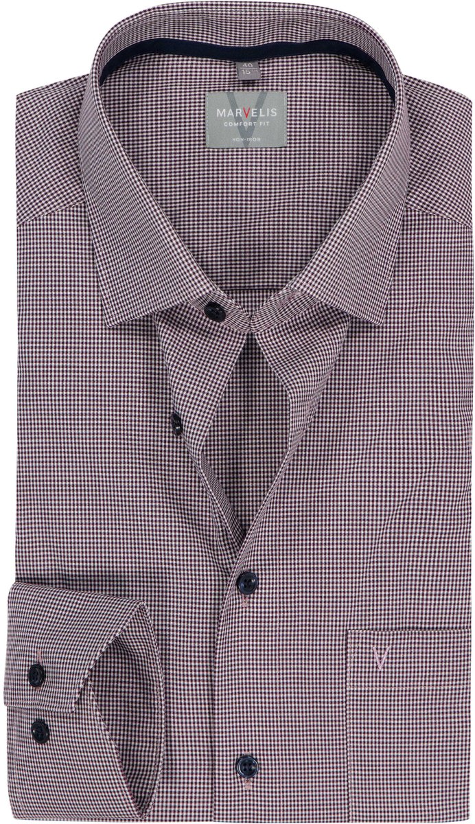 MARVELIS comfort fit overhemd - popeline - bordeauxrood met wit geruit - Strijkvrij - Boordmaat: 45 (EU maat: XXL)