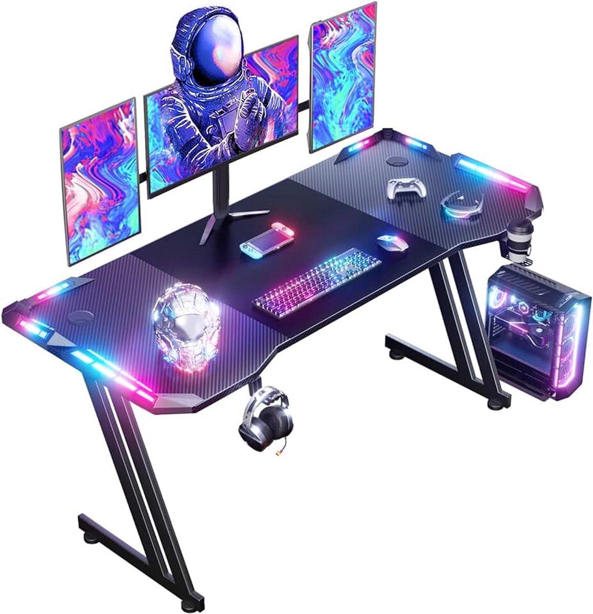 Gaming Bureau met LED, Koolstofvezel, 160 x 60 cm, Zwart | Gamingbureau met Hoofdtelefoonhaak, Bekerhouder, Muismat en Kabeldoorvoertules voor Gaming, Thuiskantoor