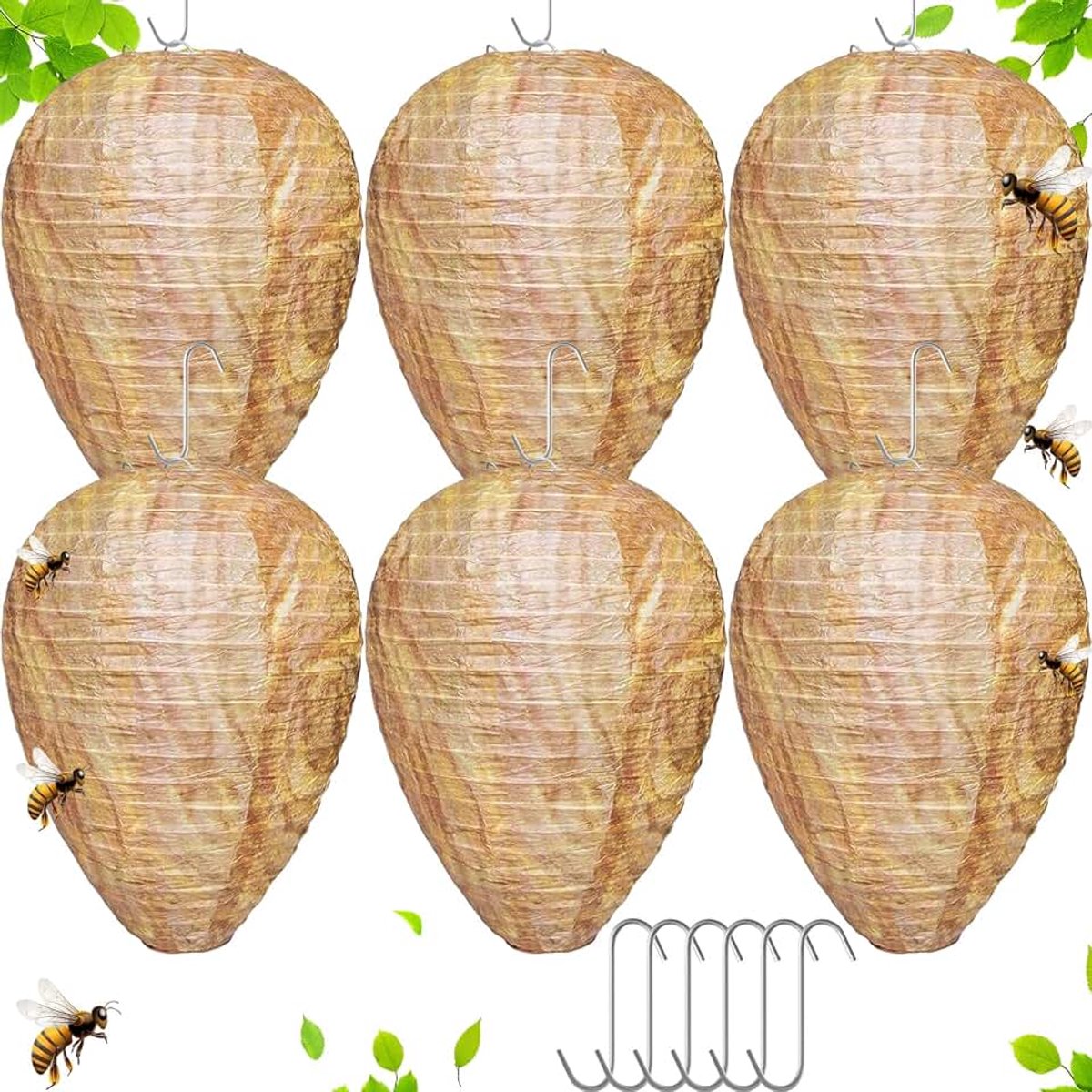 6 stuks wespennest lokaas met S-haak, opvouwbaar nepwespenafschrikmiddel, hangende horzelnesten, mini gele jasval, kunstmatige imitatie waspinator voor thuis, buiten, tuin, terrassen (geel)