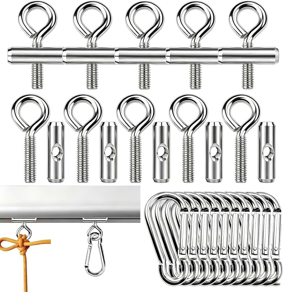 10 stuks Kederstopper 8-10mm Stopper voor Kederrail Accessoires - Roestvrij staal Stopperset met karabijnhaak en ogen voor luifels van camper, caravan, woonwagen, kampeerbus en tent