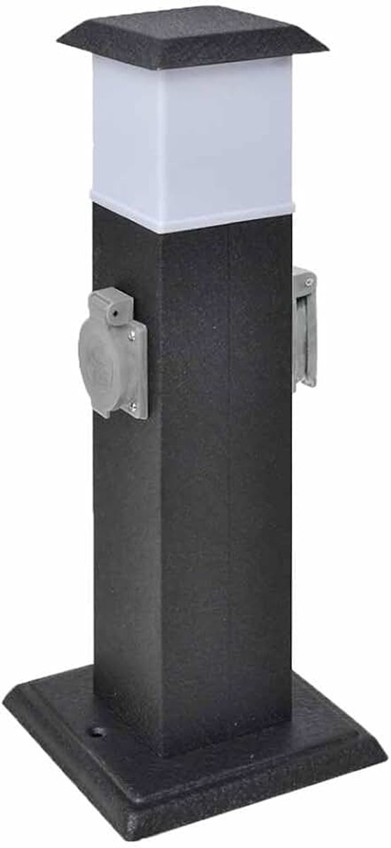 Stekkertoren, zwart, met licht, 2-voudig buitenstopcontact met lamp, IP44 weerbestendig, voor tuin, terras en grasmaaier